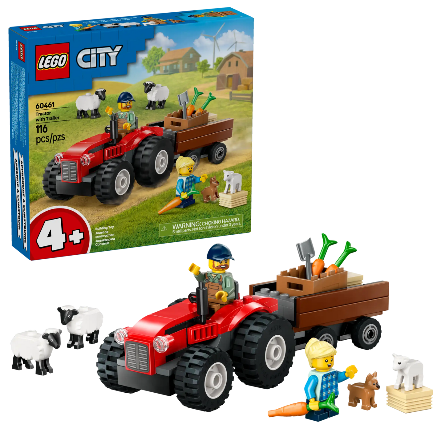 City: Red Farm Tractor with Trailer & Sheep Building Set