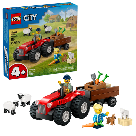 City: Red Farm Tractor with Trailer & Sheep Building Set